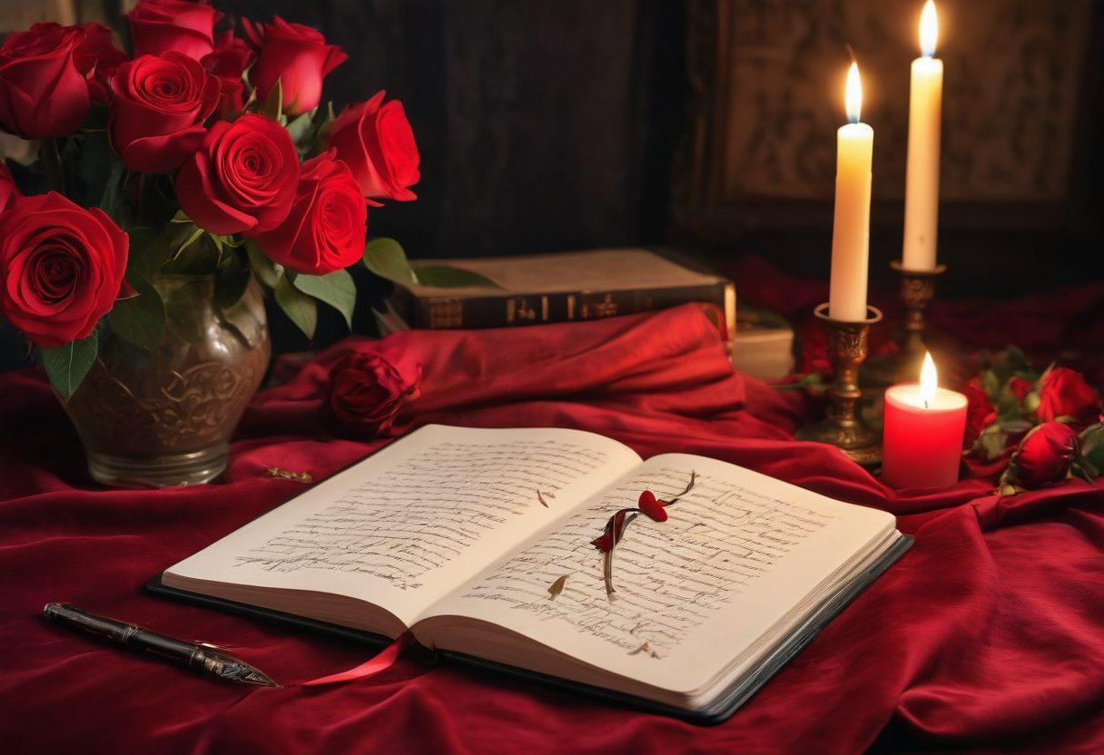 A beautifully designed romantic journal open on a soft velvet surface, filled with elegant calligraphy and intimate drawings, surrounded by lush red roses and candlelight. A quill pen rests beside it, while soft, warm light creates a cozy atmosphere. The scene evokes passion and reflection, inviting the viewer to explore their own desires. super-realistic. intimate ambiance. warm colors.
