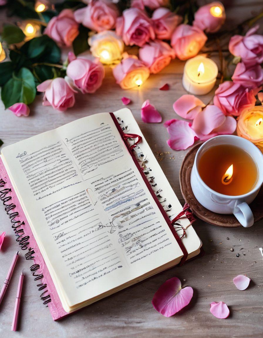 A beautifully designed romantic diary opened to a page filled with handwritten notes and vibrant doodles, surrounded by soft rose petals and a warm cup of tea. The background showcases a cozy, intimate setting with fairy lights, creating a dreamy atmosphere. Gentle sunlight filters in, casting a warm glow on the diary's pages. super-realistic. vibrant colors. soft focus.