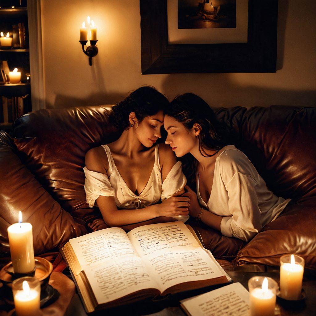 A cozy, dimly lit room featuring a couple sitting close together on a plush sofa, surrounded by soft pillows and candles, while sharing a leather-bound journal filled with romantic sketches and handwritten notes. The atmosphere exudes warmth and intimacy, with subtle hints of passion displayed through color rich fabrics and soft lighting. Illustrate an open page with elegantly written erotic narratives, and suggest a feeling of connection between the couple, highlighting the beauty of intimate storytelling. super-realistic. warm tones. atmospheric lighting.